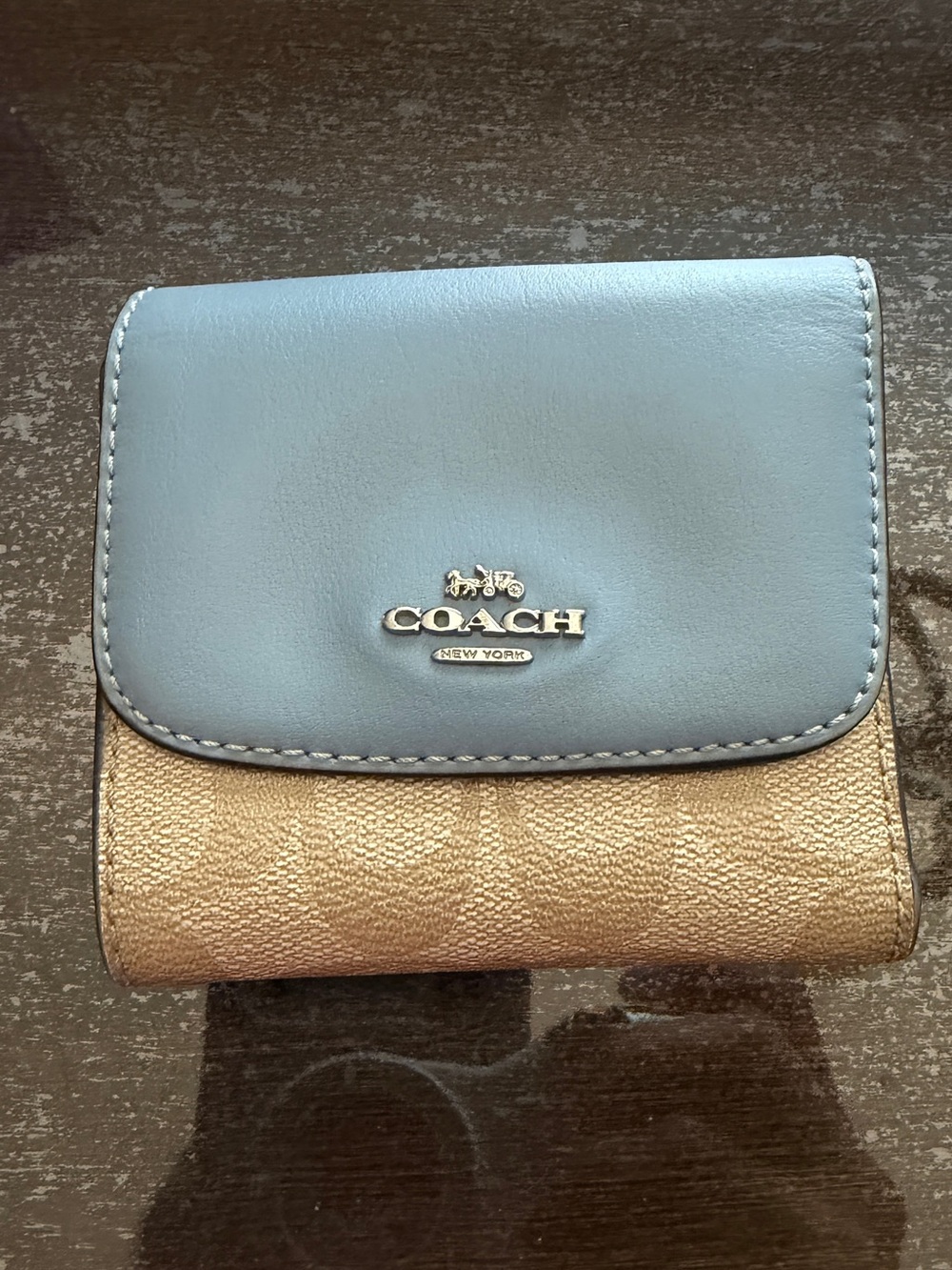 Coach Light Blue and Gold Signature Compact Wallet